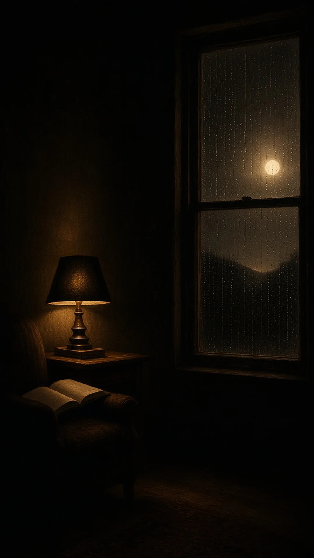 A dark room at night: a table lamp glowing beside a chair with an open Bible, rain on a window under a full moon.